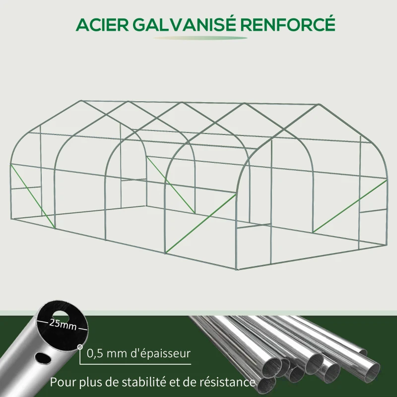 Outsunny Serre tunnel de jardin porte + 8 fenêtres enroulables métal galvanisé bâche PE haute densité métal galvanisé vert