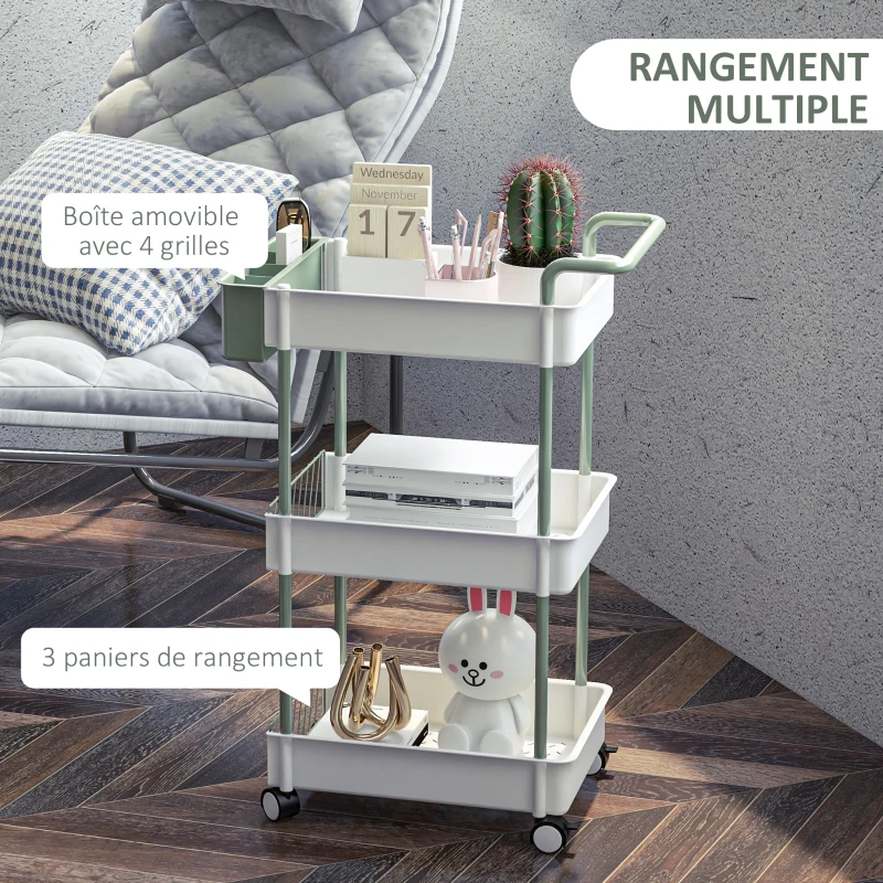 HOMCOM Desserte chariot de rangement en acier à roulettes avec 3 niveaux, 1 boite amovible, poignées dim. 50L x 29,4l x 77H cm