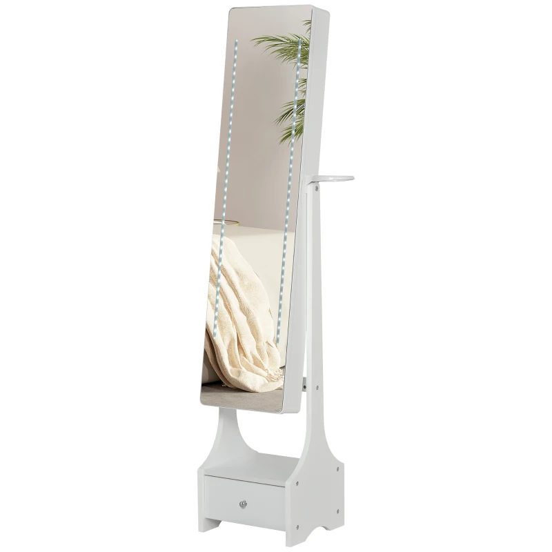 HOMCOM Jewellery Cabinet, Full Length Mirror with Storage, Free Standing Mirror with LED Lights, Hooks, Drawer and Hairdryer Holder for Bedroom, White
