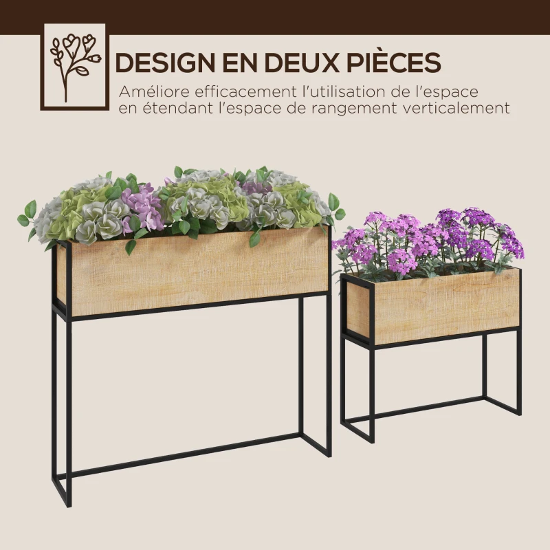 Outsunny Lot de 2 jardinières sur pieds en bois et métal 2 tailles 80 x 20 x 70 cm - 60 x 20 x 50 cm noir et naturel