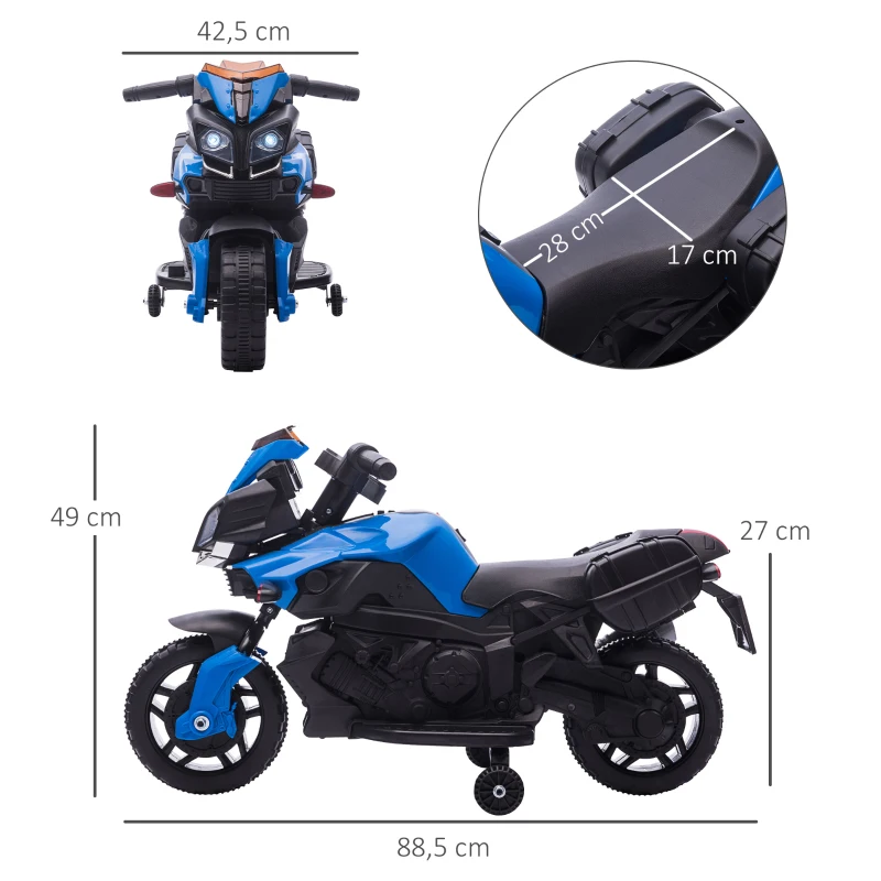 HOMCOM Moto électrique Enfant 6 V 3 Km/h Effet Lumineux et sonore roulettes Amovibles Repose-Pied valises latérales métal PP Bleu Noir(m-3)