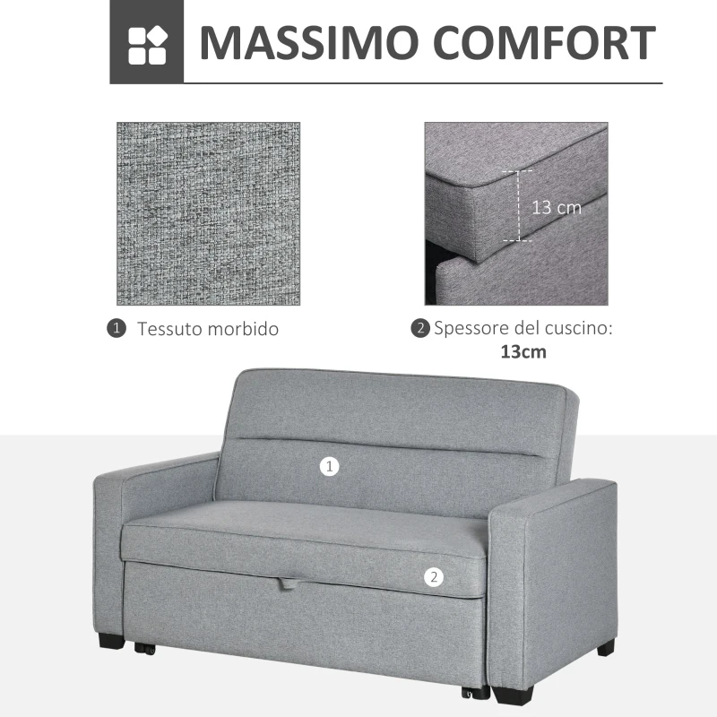 HOMCOM Divano Letto a 1 Piazza in Tessuto, Seduta 2 Posti e Schienale a 3 Reclinazioni, 154x87x89cm(m-6)
