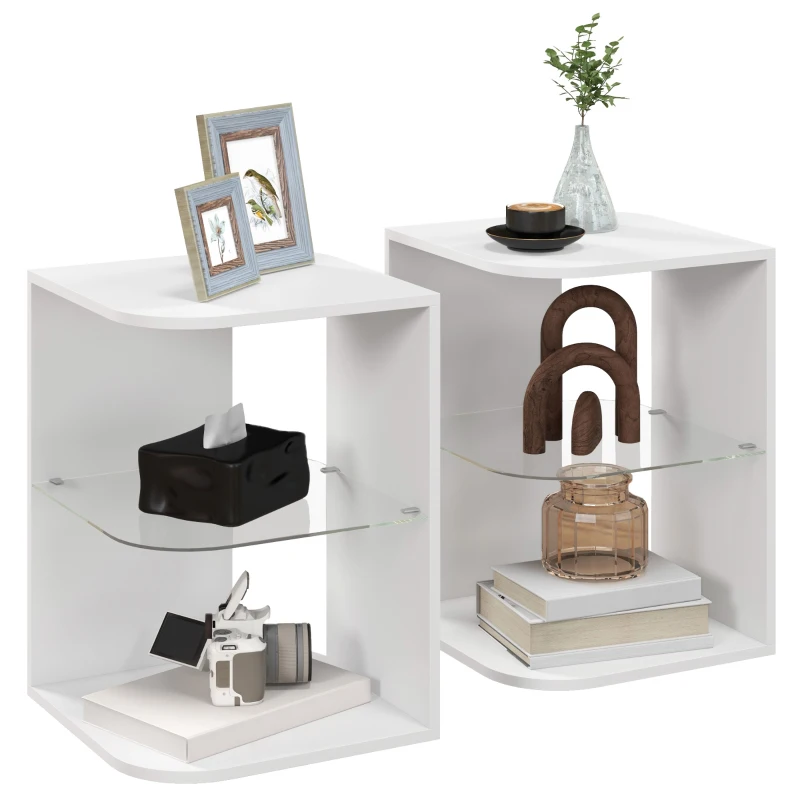 HOMCOM Modern Side Table Set of 2, Three Layer Bedside Table Nightstand with 2 Storage Shelves, for Living room, Bedroom, White