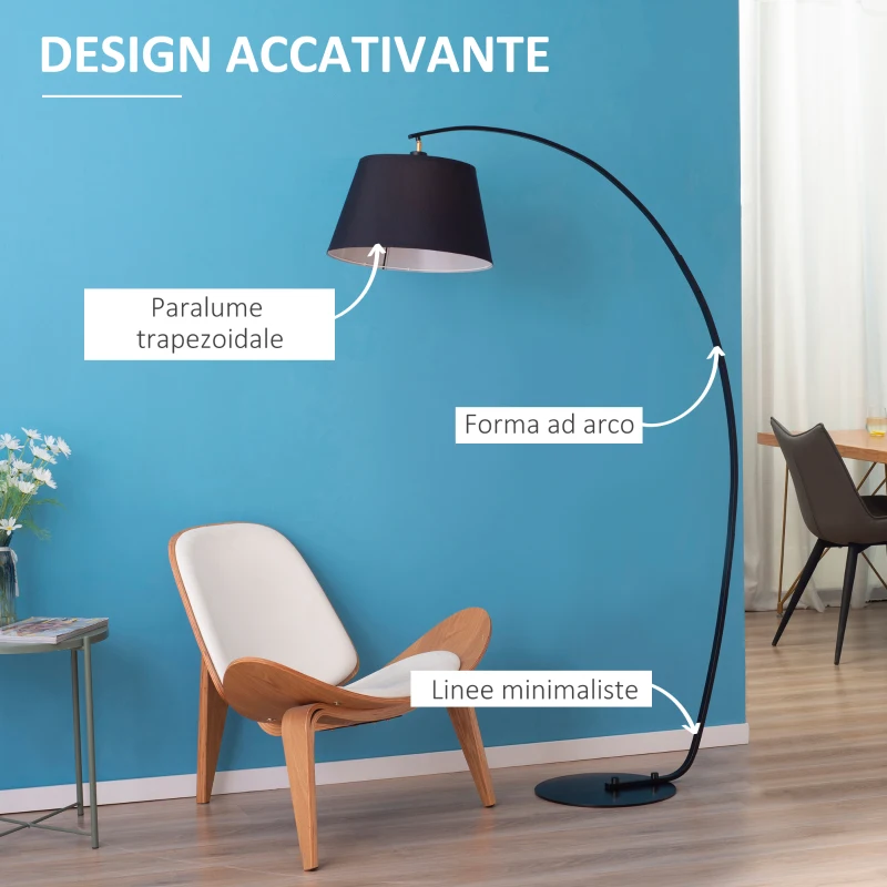 HOMCOM Lampada da Terra ad Arco con Paralume in Tessuto e Piantana Rotonda, 100x43x177cm, Nero