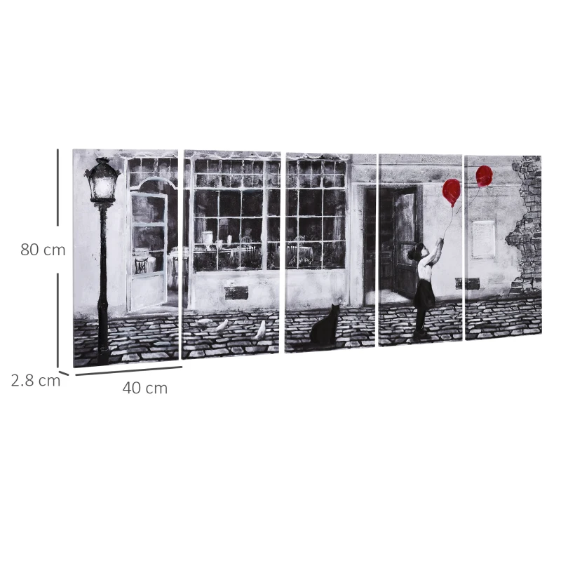 HOMCOM Stampa su Tela con Bambina, 80x40cm, 5 Pezzi per Casa e Ufficio, Tela in Legno di Pino e Vernice ad Acqua, Nero Bianco Rosso