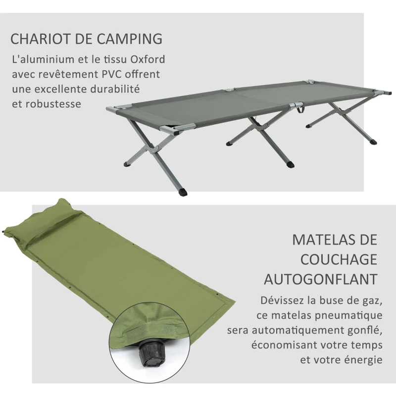 Outsunny Ensemble tente de camping 3 en 1 avec lit de camp 1 personne, tente et 1 matelas gonflable - sac de transport inclus
