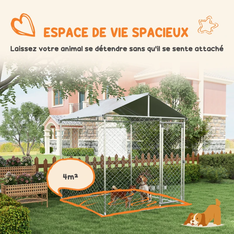 PawHut Chenil d'extérieur pour chiens - enclos parc 4m² avec auvent et porte verrouillable - Dim. 200L x 200l x 237H cm