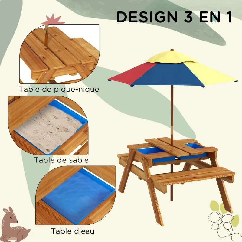Outsunny Table de pique-nique pour enfants avec bancs, parasol amovible, 2 bacs en plastique, table 2 en 1 pour 4 enfants