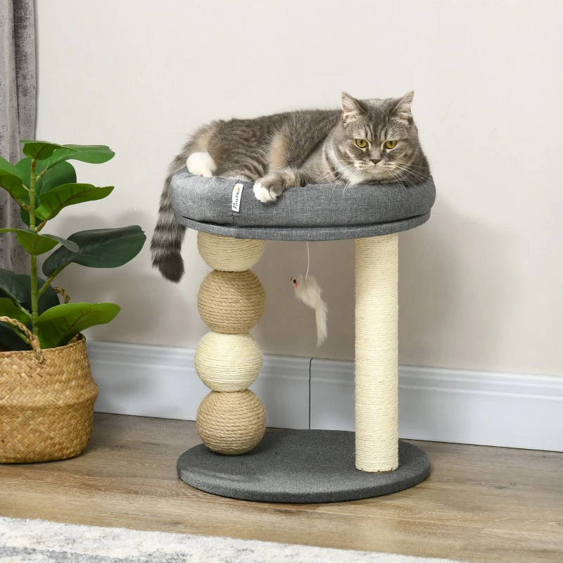 PawHut Árbol Rascador para Gatos Pequeño Torre para Gatos con Nido 4 Bolas y Poste de Sisal Carga 15 kg Ø40x48 cm Gris y Beige