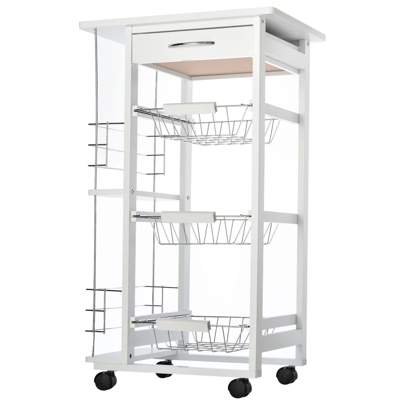 HOMCOM Chariot de service desserte de cuisine à roulettes multi-rangements 3 paniers métal tiroir + 2 range-bouteilles bois pin blanc