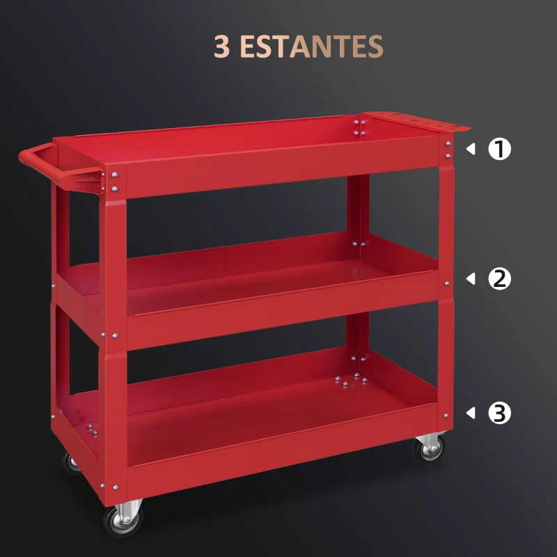 DURHAND Carro de Taller de Acero con 3 Estantes de Almacenamiento y Asa Lateral Carga 150 kg 83x35,3x76 cm Rojo