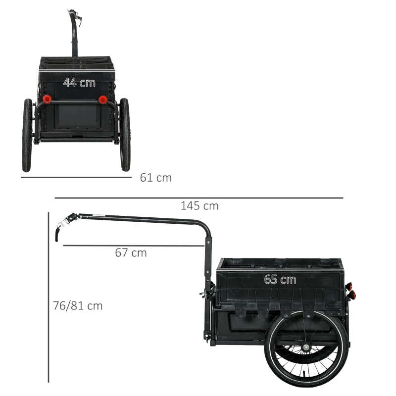 HOMCOM Remorque à vélo avec coffre de rangement amovible et pliable de 65L, réflecteurs de sécurité, charge max. 40KG, noir(m-3)