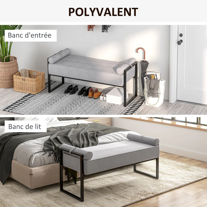 HOMCOM Banc bout de lit banquette assise rembourrée 2 oreillers cylindriques structure en acier 121,5 x 50,5 x 59 cm gris noir