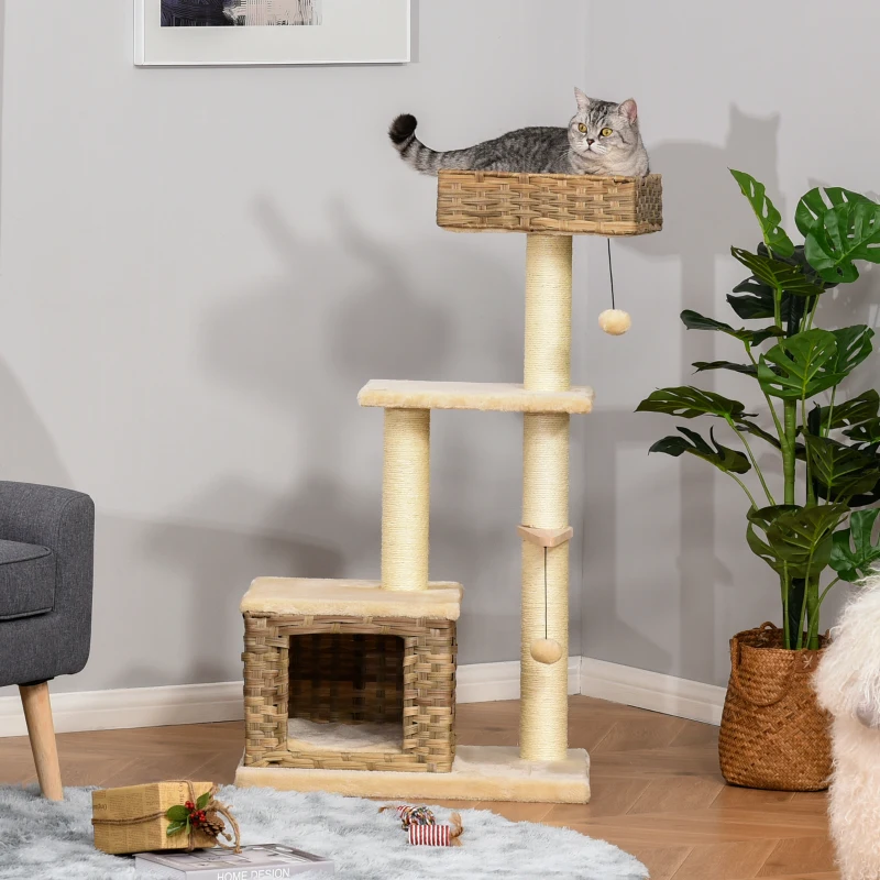 PawHut Rascador Árbol para Gatos 60x40x109 cm con Cueva de Ratán Cojín Plataformas Cama Bolas de Juego y Postes de Rascar de Sisal Natural Beige y Marrón