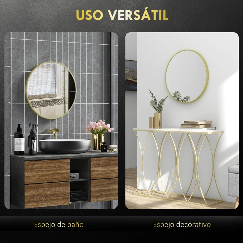 HOMCOM Espejo de Baño Redondo Ø60 cm Espejo Decorativo de Pared con Marco de Aluminio y Gancho Fácil Instalación  Dorado
