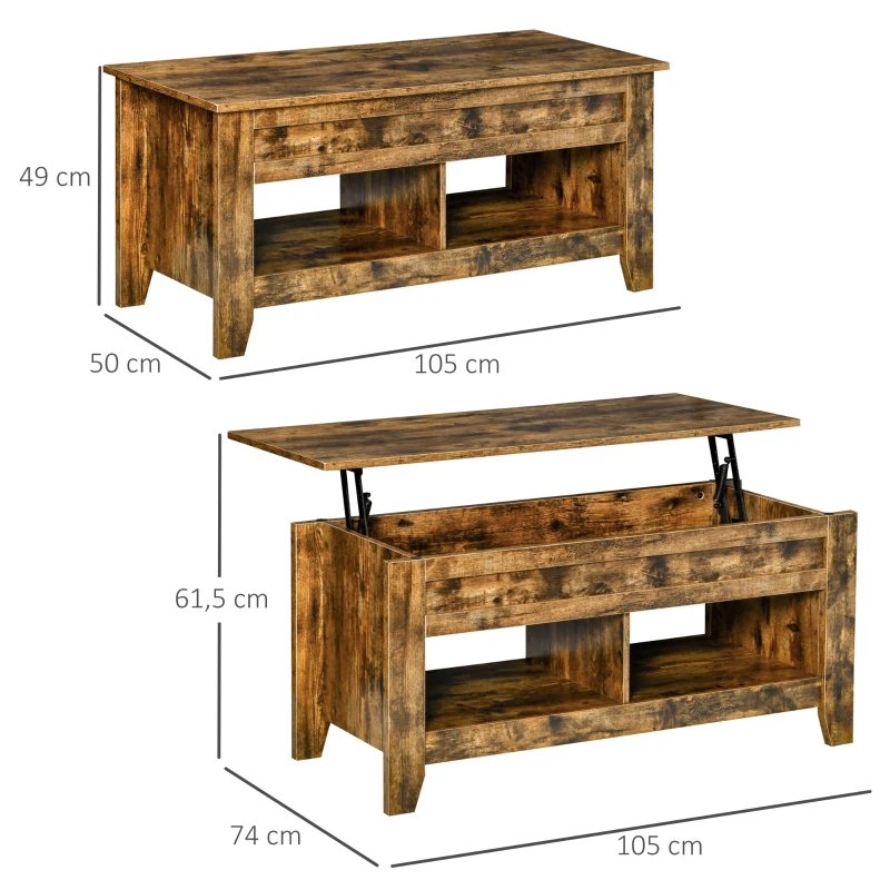 HOMCOM Table basse plateau relevable, table de salon avec étagères et compartiment caché,105 x 50 x 49-62,5 cm pour salon, chambre, brun rustique