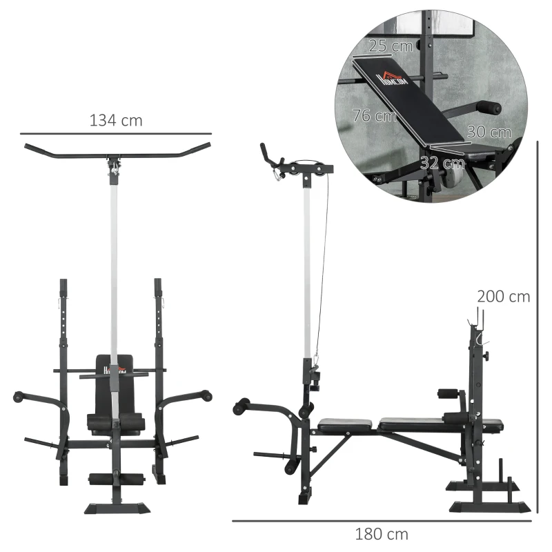 HOMCOM Banco de Pesas Multifuncional Ajustable para Entrenamiento de Cuerpo Entero 180x134x200 cm Plata y Negro