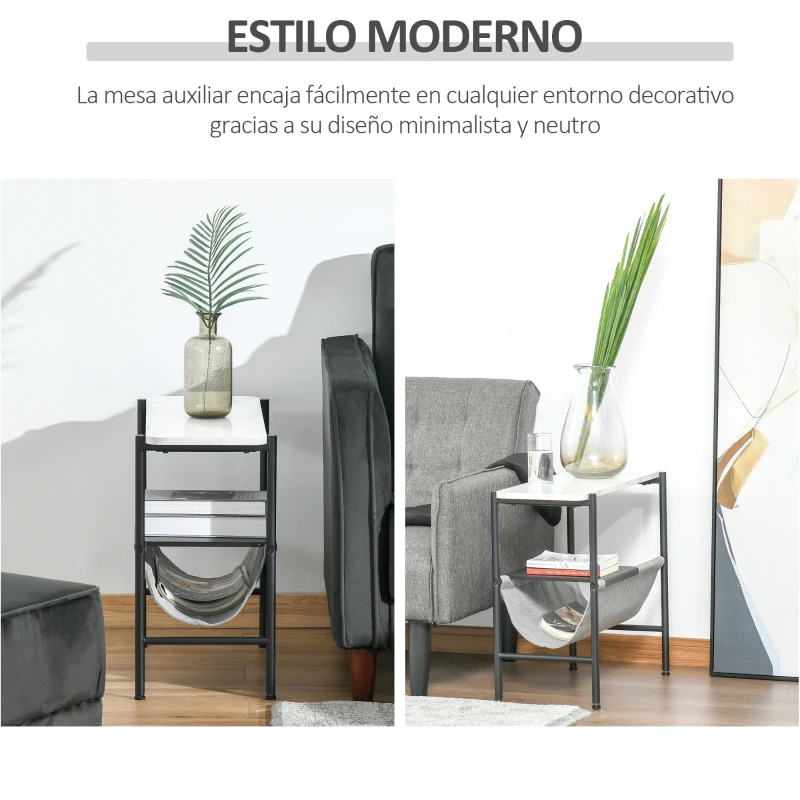 HOMCOM Mesa Auxiliar Moderna con Bolsillo de Lona y Estante Extraíble Mesa de Centro para Salón con Encimera Imitación Mármol 60x28x53 cm Blanco Gris y Negro