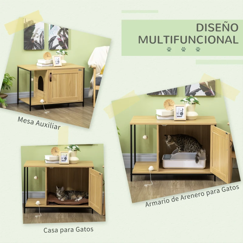 PawHut Mueble Arenero para Gatos con Puerta Bola de Juguete Colgante Caja de Arena para Gatos para Interior 80x48x55 cm Roble