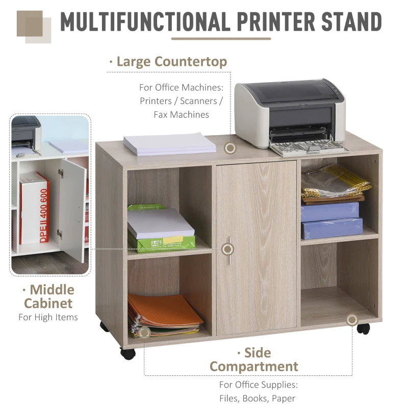 HOMCOM Support d'imprimante - caisson organiseur bureau - 4 niches, placard porte, grand plateau - panneaux particules chêne clair