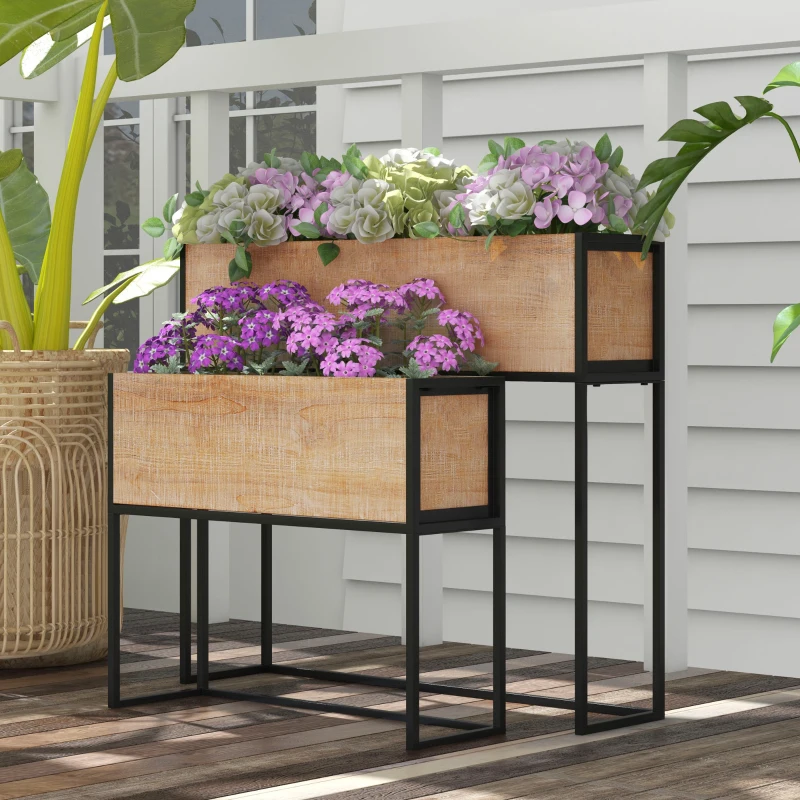 Outsunny Lot de 2 jardinières sur pieds en bois et métal 2 tailles 80 x 20 x 70 cm - 60 x 20 x 50 cm noir et naturel