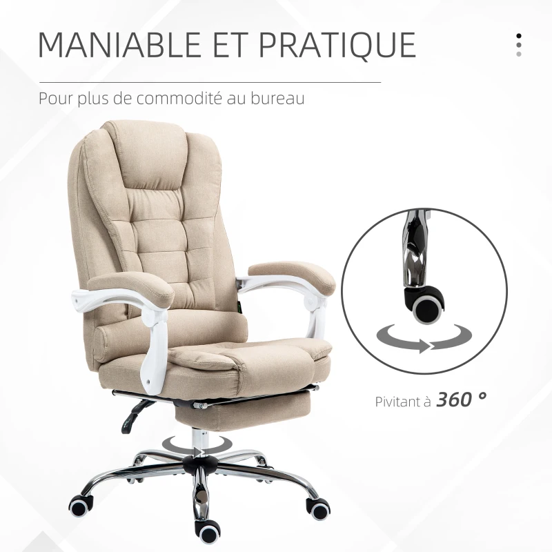 Vinsetto Fauteuil de bureau manager chaise pour ordinateur avec repose-pied dossier inclinable accoudoirs rembourrés en lin beige