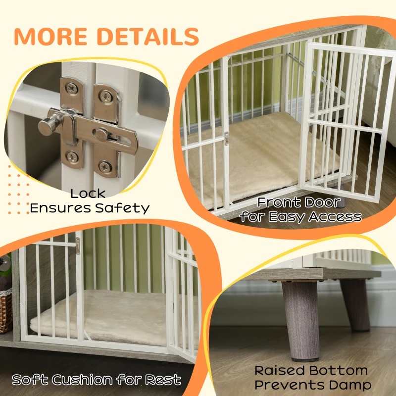 PawHut Dog Crate Pet Kennel Cage Large Top End Table w/ Side Cabinet Soft Cushion for Small Dogs Grey 98 x 48 x 70.5 cm