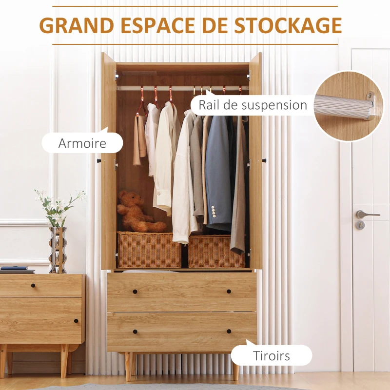HOMCOM Armoire à vêtements armoire de rangement penderie avec 2 portes, 2 tiroirs et tringle - 80 x 52 x 180 cm - aspect bois