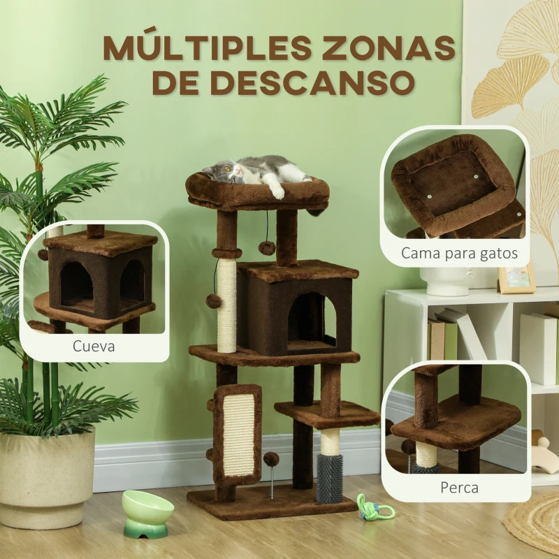 PawHut Árbol Rascador para Gatos 104 cm con Plataformas Poste con Cepillo Bolas Colgantes y Almohadilla para Rascar Marrón