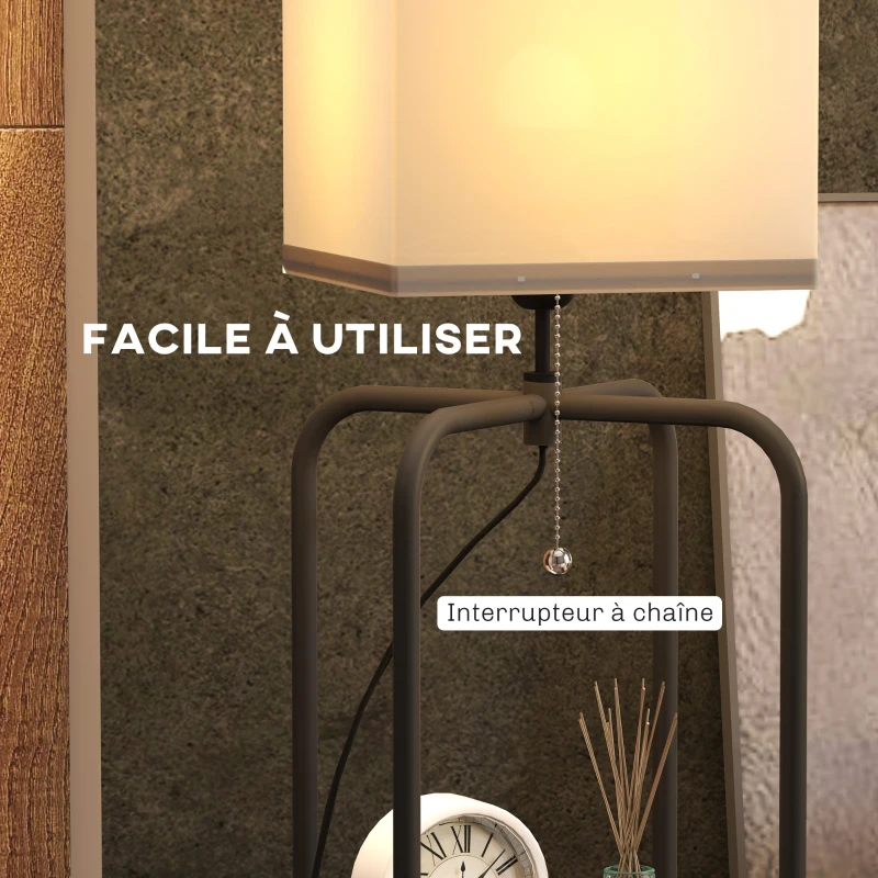 HOMCOM Lampadaire sur pied salon avec étagères, abat-jour en tissu, interrupteur à chaînette pour salon, chambre à coucher