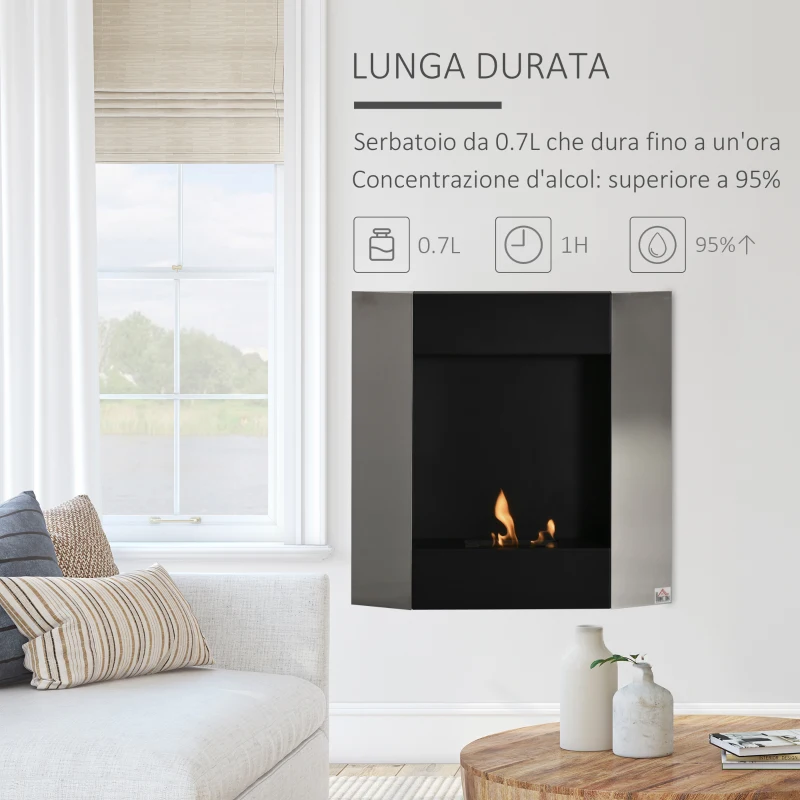 HOMCOM Camino Bioetanolo da Parete con Serbatoio da 0.7L e Copertura 20m², Acciaio, 72x11x72cm, Argento e Nero