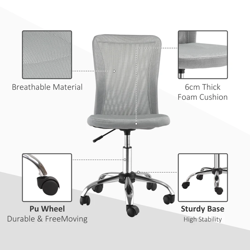 Vinsetto Office Chair, Armless Desk Chair, Adjustable Computer Swivel Chair with Rolling Wheels and Mesh Back for Home Work Study, Grey