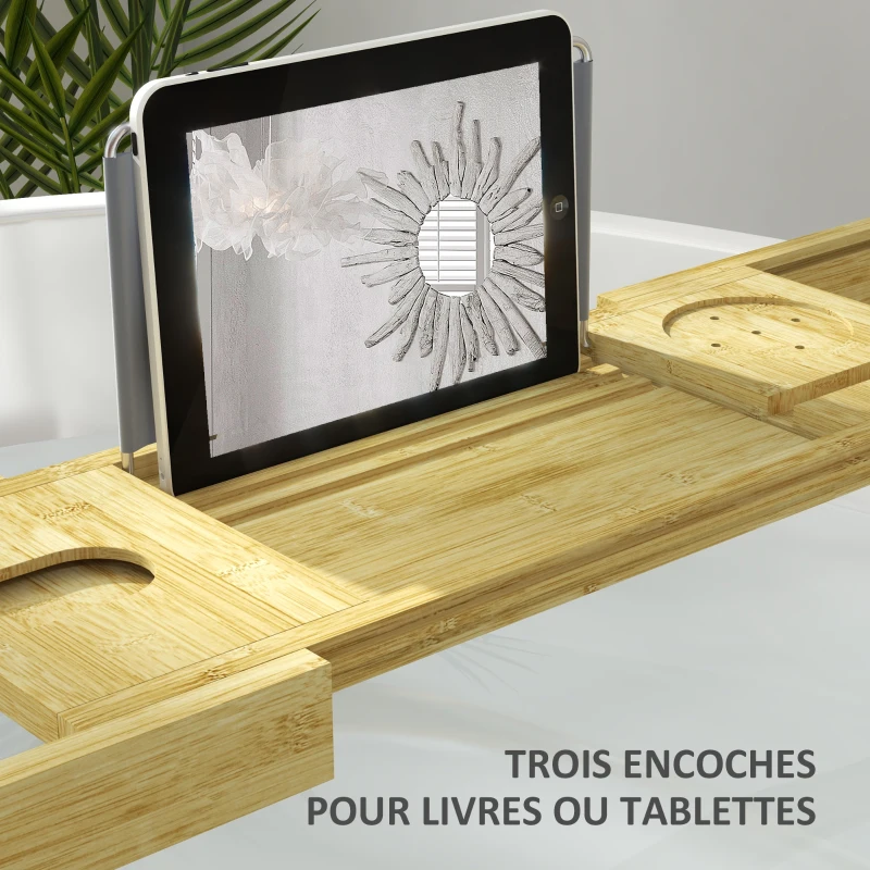 HOMCOM Pont étagère plateau de baignoire extensible en bambou avec porte-gobelet et porte-savon, 75-109 x 23 x 4.5cm