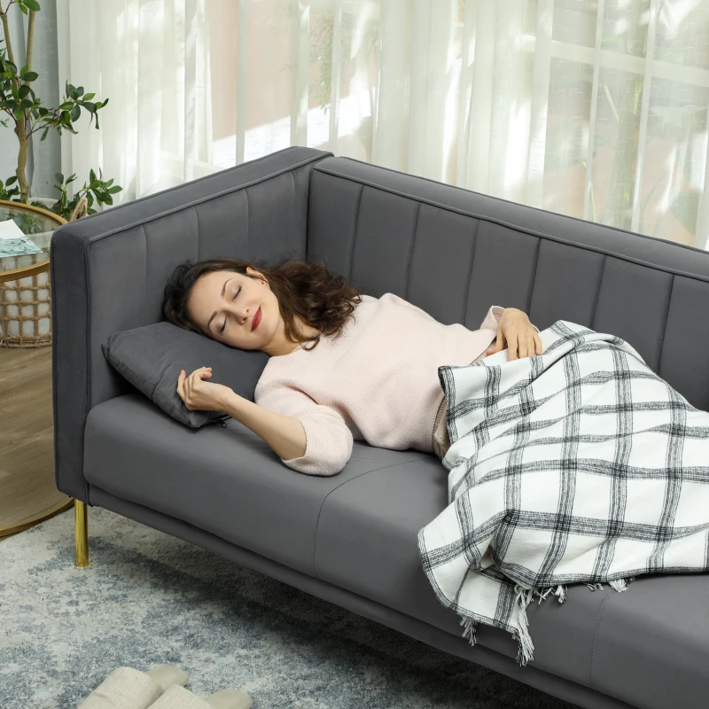 HOMCOM Canapé 3 places, 194,5l, grand confort, aspect velours et capitonné, idéal pour le salon, la chambre, le bureau, Gris