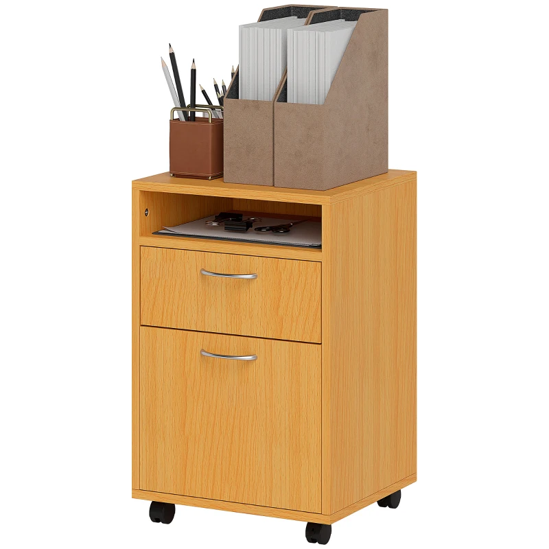 HOMCOM 60cm Filing Cabinet with Drawer, Open Shelf, Metal Handles and 4 Wheels, Office Home Organiser Mobile Printer, Natural Wood Finish