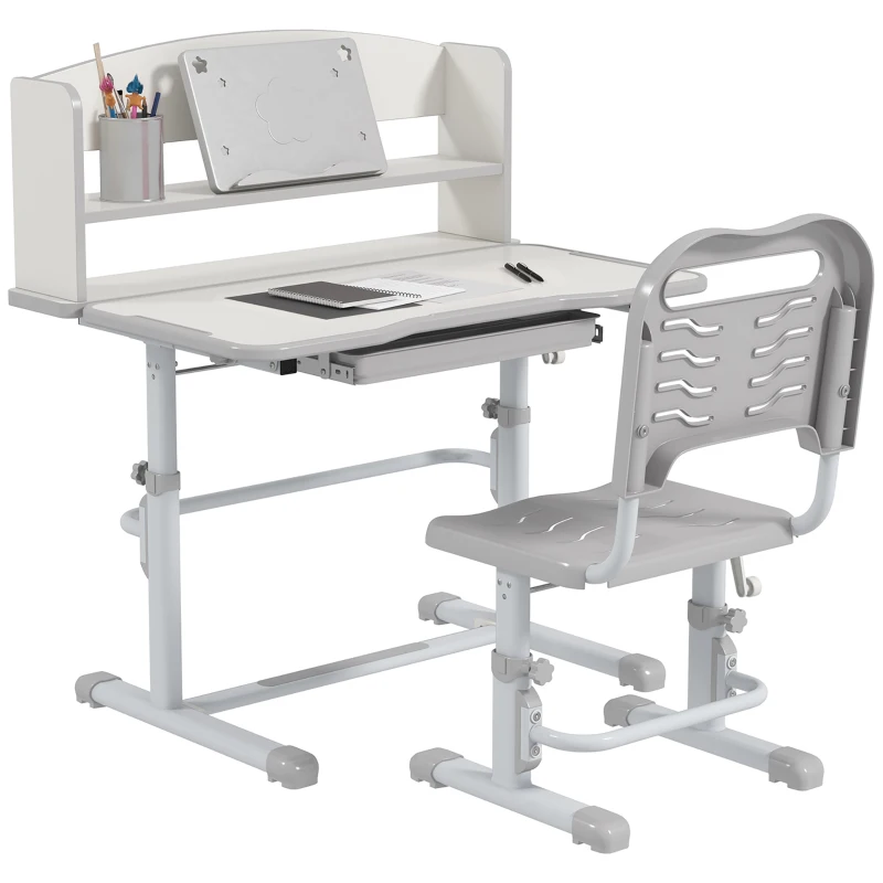 ZONEKIZ Bureau enfant avec chaise, hauteur réglable, étagère, tablette coulissante multi-rangement, gris blanc