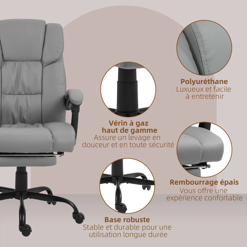 Vinsetto Fauteuil de bureau massant avec repose-pied, hauteur réglable, dossier inclinable, télécommande filaire, pivotant à 360°