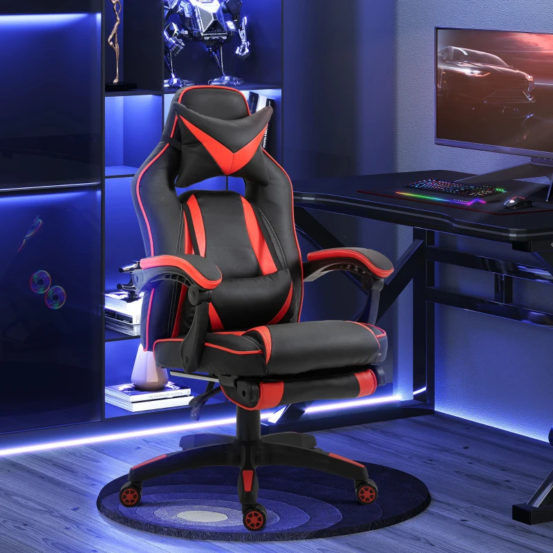 HOMCOM Chaise gaming Fauteuil Gamer Fauteuil de Bureau ergonomique avec support lombaire et Repose-Pieds revêtement synthétique Noir Rouge