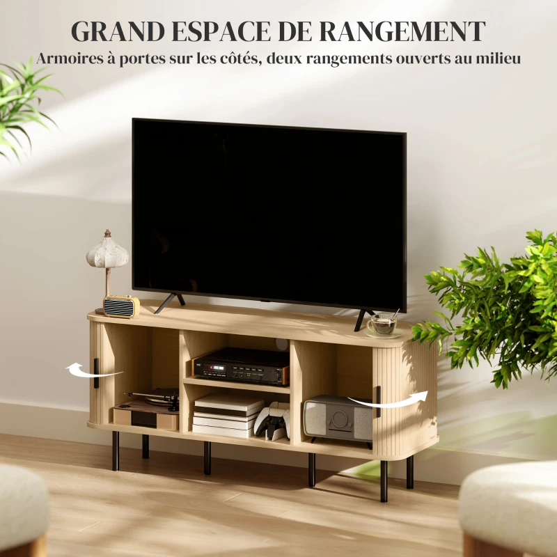 HOMCOM Meuble TV avec 2 portes tambour à lamelles design scandinave pour télévision jusqu'à 55 pouces 120 cm ton chêne