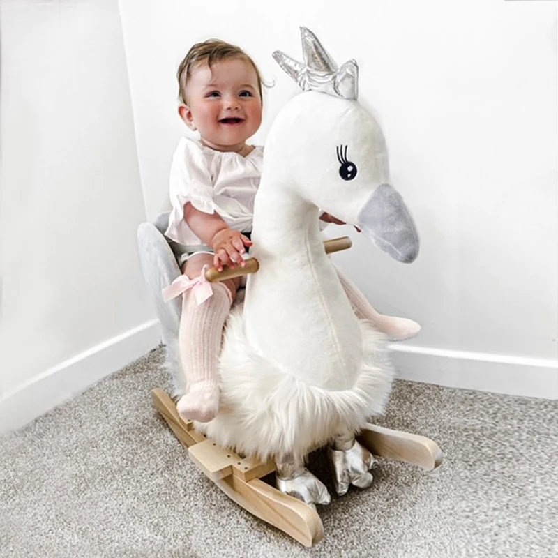 HOMCOM Kids Rocking Horse, Children Plush Ride On Swan Animal Rocker w/ Sound, Wood Base Seat, Safety Belt, Baby Toy Rocker for Toddler 18 - 36 Months, White and Grey