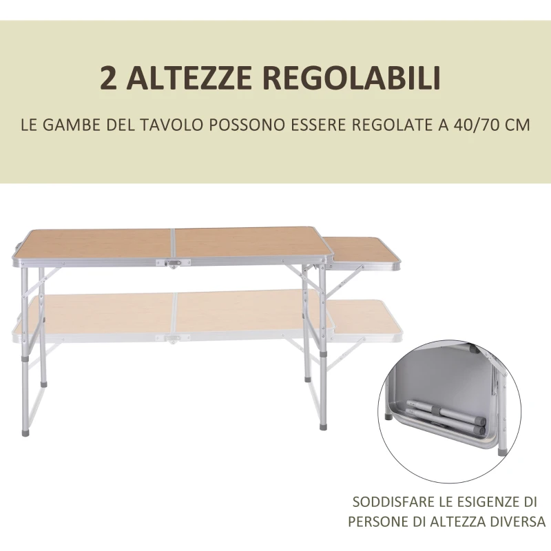Outsunny Tavolo Pieghevole da Campeggio 5Kg, Facile da Trasportare, con Pannello Estraibile 120cm x 60cm x 40/70cm