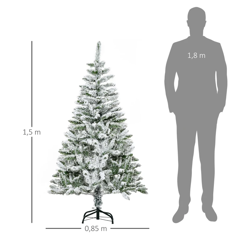 HOMCOM Árbol de Navidad Artificial 150 cm con Nieve Ignífugo con 358 Ramas Decoración Navideña para Interiores Verde