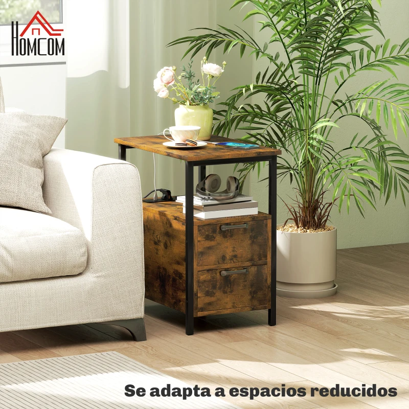HOMCOM Mesa Auxiliar con Estación de Carga y Toma de Corriente Mesita de Noche con Cajones y Estantería Abierta Marrón Rústico
