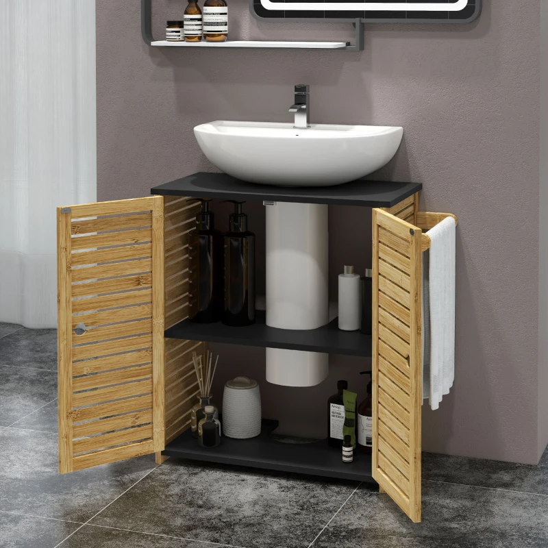 HOMCOM Mobile Sottolavabo Bagno con 2 Ante a Doghe, Porta Asciugamani e Intaglio a U, Legno e Nero