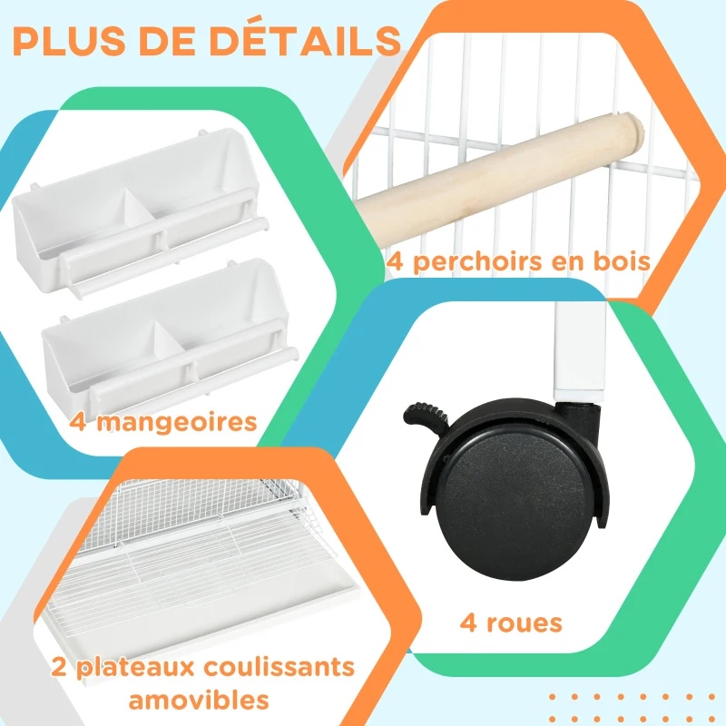 PawHut Volière cage à oiseaux sur roulettes design maison mangeoires perchoirs portes plateaux excréments amovibles métal