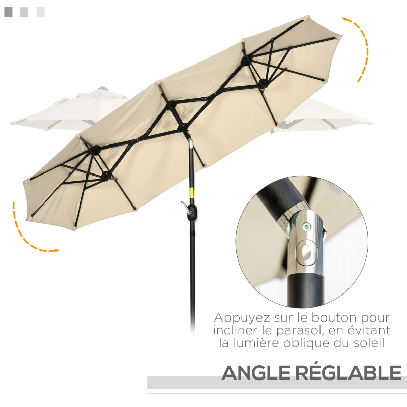 Outsunny Parasol de jardin double grande taille ouverture fermeture manivelle acier polyester 295 x 152 x 222 cm beige