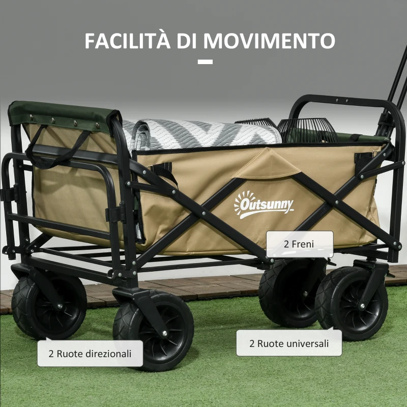 Outsunny Carrello da Giardino 110L con Maniglia Telescopica e Fondo Apribile in Acciaio e Tessuto Oxford, Cachi