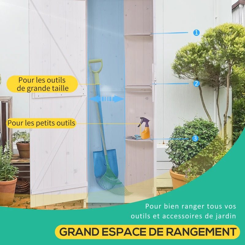 Outsunny Armoire abri de Jardin Remise pour Outils 3 étagères Porte loquet Toit Pente bitumé 68L x 65l x 214H cm pin Massif traité Blanc