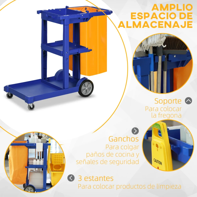 HOMCOM Carro de Limpieza con Bolsa con Ruedas y 3 Estantes Carro para Limpieza para Hotel 121x50,5x96,5 cm Azul y Amarillo