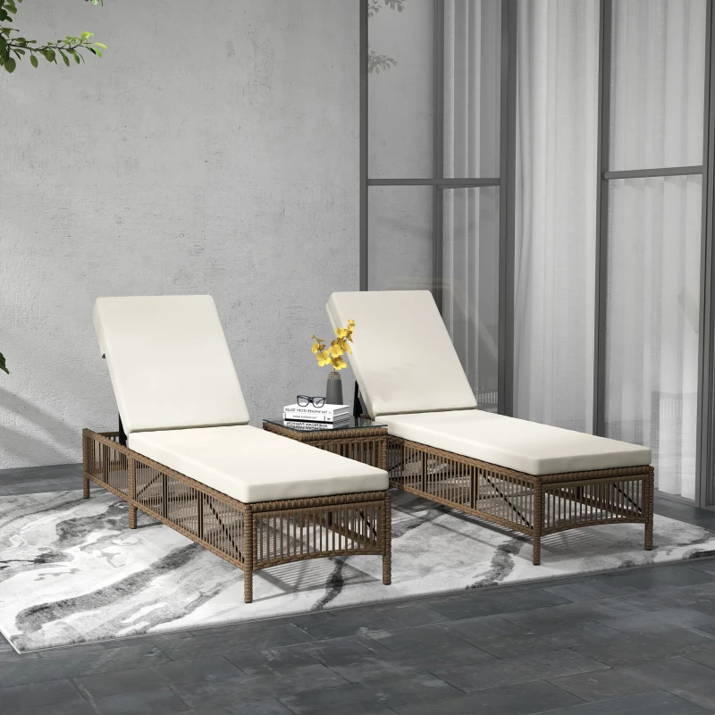 Outsunny Conjunto de 2 Tumbonas de Ratán con Mesa de Centro Respaldo Ajustable en 5 Niveles y Cojines 196x54x32 cm Beige